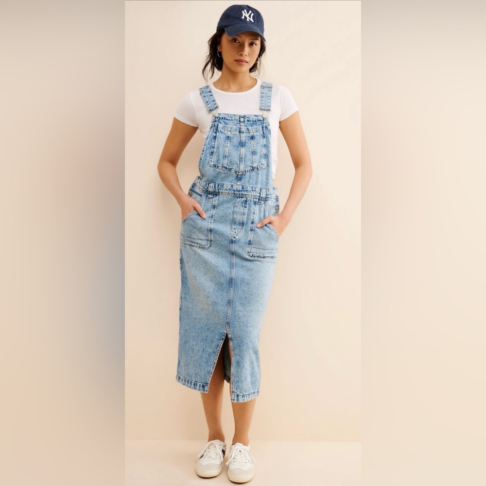 We The Free Light Blue Denim Overall Midi Skirt